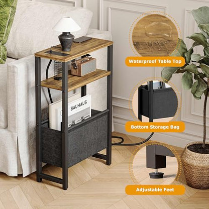 Narrow Side Table with Charging Station Slim End Table Sofa with Magazine Rack, Bedside Table for Small Spaces, 3 Tier Nightstand for Living Room Couch, Bedroom Walnut Brown LET503BRE - color: Walnut Brown, style: With Charging Station