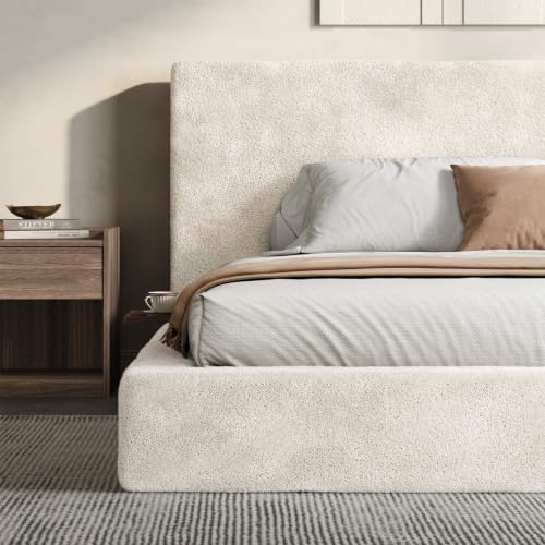 VMU Queen Size Upholstered Platform Bed Frame with Headboard for Bedroom | Modern Soft Cloud Platform Bed with 5.1" Extra-Wide Edge and Adjust 2 Bedside Table, Low Profile, No Box Spring Needed - size: Queen (U.S. Standard)