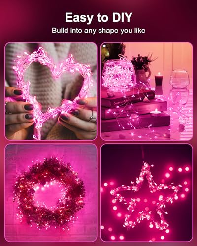 Minetom Fairy Lights Battery Operated, Twinkle String Lights Waterproof Silver Wire 5 Feet 60 Led Firecracker Starry Lights for DIY Wreath Home Wedding Party Bedroom Mason Jar Holiday Christmas, Pink - color: Pink