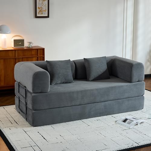Convertible Sleeper Sofa Bed,Corduroy Folding Mattress Couch with Cylindrical Pillows,Metal Frame,High-Density Sponge,Reconfigurable Lounge Seat for Living Room Bedroom Apartment (Grey,Couch) - color: Grey, size: 77.95"L x 35.43"W x 26.77"H