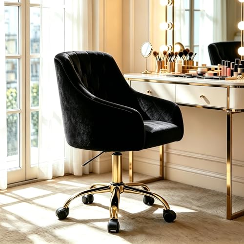 MOJAY Velvet Office Swivel Chair, Vanity Fabric Desk Pretty Fancy Gold Office Chairs for Girls, 360°Swivel Height Adjustable Reception Chair (Black) - color: Black