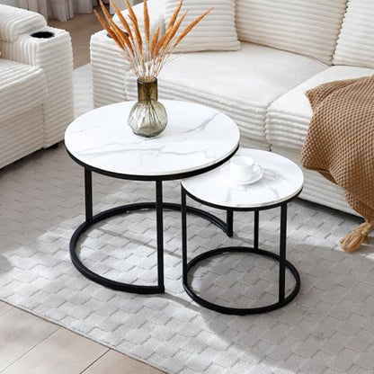 24" Marble Pattern Accent Side Table, Modern Nesting Side Tables with Metal Frame, Space-Saving Nesting Coffee Table Set for Living Room Apartment, White - color: White