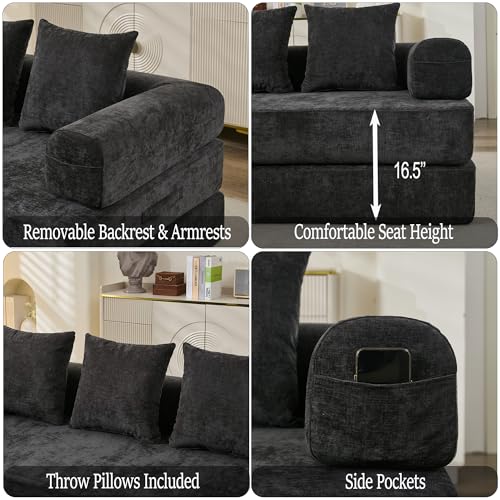 Convertible Folding Sofa Bed Modular Floor Couch, 78.8‘’ Cloud Sleeper Sofa with Removable Backrest, Chenille Foldable Mattress Couch, Lazy Loveseat for Small Space, Apartment, Bedroom, Black - color: #3-black