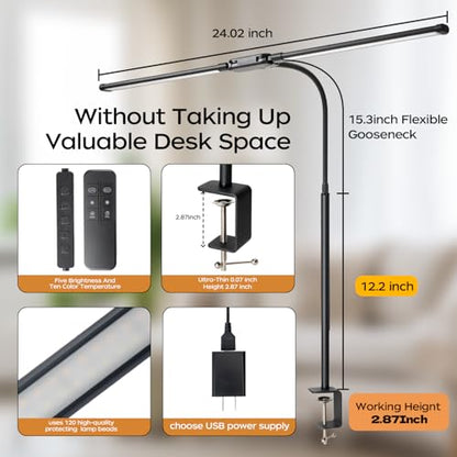 LED Desk Lamp with Clamp, Dual Head Desk Light for Home Office, Eye-Caring Monitor Desk Lamp with Remote, Flexible Gooseneck Architect Task Lamp, 10 Brightness Levels & 5 Color Modes Black - color: Black