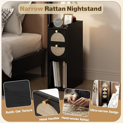 Narrow Nightstand Set of 2 (Rattan & Wood) - Small Bedside Table with 2 Drawers, Open Shelf, Mid Century Modern End Table - for Bedroom, Living Room & Small Spaces, Black - color: Black, size: 7.9"W (2 Pc)