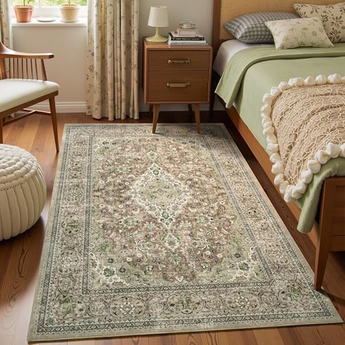 Green Washable Boho Area Rug for Bedroom, 3x5 Vintage Floral Non Slip Rugs, Soft Low Pile Indoor Mat, Aesthetic Pattern Carpet for Living Room, Kitchen, Dining Room and Bedside - color: Green, size: 3' x 5' (Rectangular)