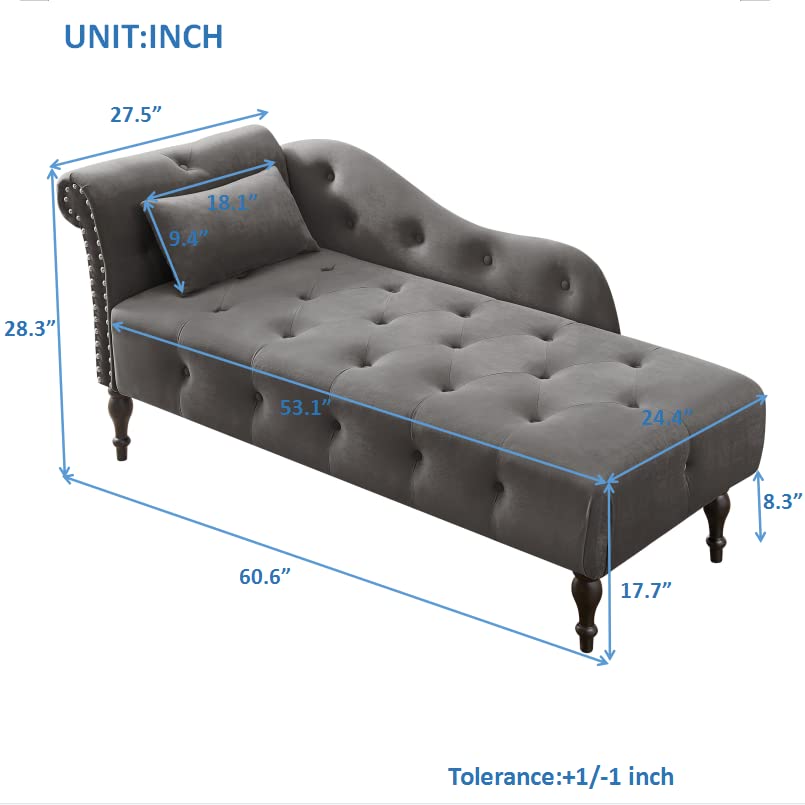 60" Modern Velvet Chaise Lounge Indoor, Upholstered Chair with Left Armrest and Lumbar Pillow, Button Tufted Lounge Sofa for Living Room Bedroom Office, Mini Chaise Longue Sofa (Grey) - color: Grey