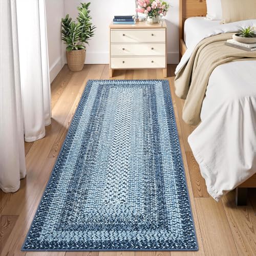 Braided Print Runner Rug 2x8 Machine Washable Hallway Runner Rugs | Entryway Long Throw Carpet Non Slip Kitchen Mat Living Room Rustic Carpet for Bedroom Dining Room, Blue - color: Blue, size: 2' x 8' (Runner)