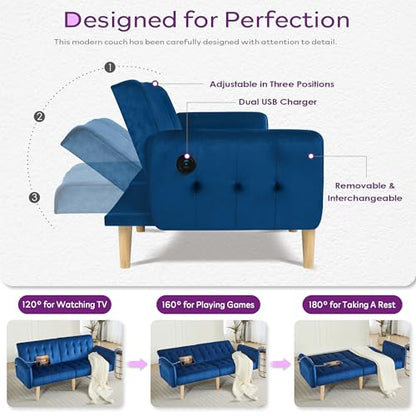 65'' Convertible Futon Sofa Bed with USB, Small Couch for Living Room | Sleeper Sofa and Loveseat, Adjustable Folding Couch with Tufted Design and 2 USB Ports, Bedroom Apartment Office, Blue - color: Blue