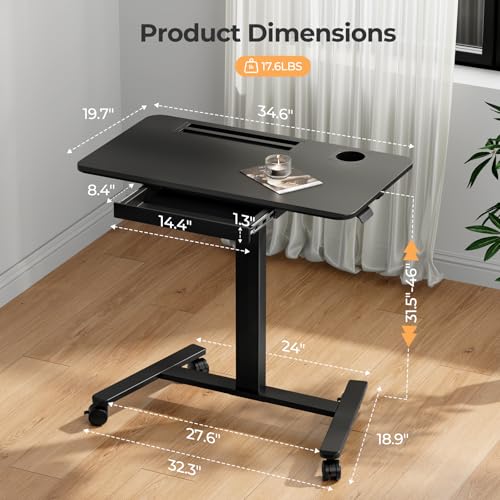 Mobile Standing Desk with Drawer, 35"×20" Small Desk, Black | Portable Laptop Workstation with Cup Holder and Hooks, Height Adjustable Rolling Desk with Wheels, Teacher Classroom Use - color: Black, size: 35"