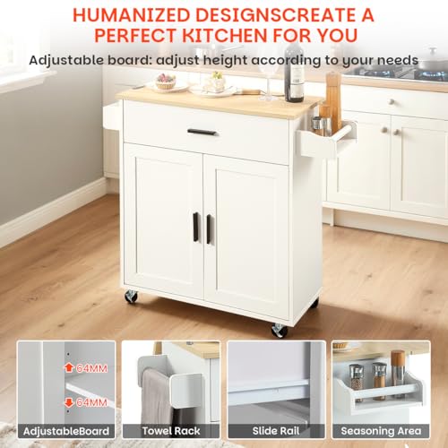 Kitchen Island with Storage, Rolling Kitchen Island on Wheels with Scalable,Open Spice Rack Shelf, Door Cabinet，Kitchen Cart Island Table for Kitchen, White
