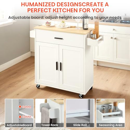 Kitchen Island with Storage, Rolling Kitchen Island on Wheels with Scalable,Open Spice Rack Shelf, Door Cabinet，Kitchen Cart Island Table for Kitchen, White