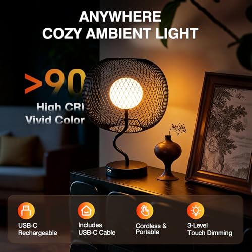 Cordless Industrial Table Lamp, Touch Dimmable Bedside Lamp with Black Metal Mesh Shade, USB-C Rechargeable Warm Ambient Light for Bedroom, Living Room, Dining Table, Side Table