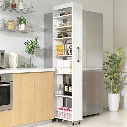 7-Shelf Tall Narrow Storage Cabinet with Wheels, 71 Inch, White | Slim Pull-Out Organizer, 7.87 Inch Wide for Small Spaces Between Washer/Dryer, Kitchen, Bathroom and Laundry Room - color: E-white