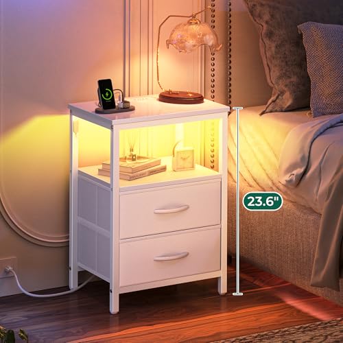 Huuger Night Stand with Charger Station and LED Lights, 2 Drawer Nightstand | Bed Side Table with Open ShelfEnd TableFabric Dresser for Bedroom, PU Leather, White - color: White, size: 11.8"D x 15.7"W x 23.6"H（2 Drawers）