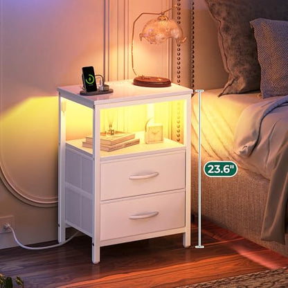 Huuger Night Stand with Charger Station and LED Lights, 2 Drawer Nightstand | Bed Side Table with Open ShelfEnd TableFabric Dresser for Bedroom, PU Leather, White - color: White, size: 11.8"D x 15.7"W x 23.6"H（2 Drawers）