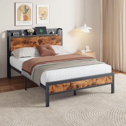 Full Bed Frame with Headboard,Charging Station and LED Lights | Metal Platform Bed with Charging Station and LED Lights, Noise Free, Easy Assembly,No Box Spring Needed, Brown - size: Full