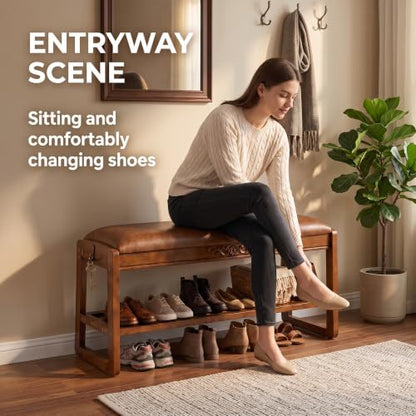 Shoe Storage Bench Shoe Rack Bench with Storage 2 Tier Wooden Shoe Rack | Solid wood shoe bench flip-top storage cushioned seat weight capacity of 550 lb side hooks walnut finish 39.4" W - size: 39.4"