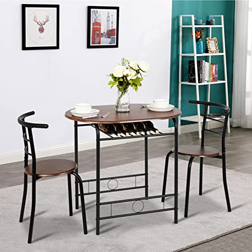 VINGLI 3 Piece Dining Set,Small Kitchen Table Set for 2,Breakfast Table Set for 2,Kitchen Wooden Table and 2 Chairs for Small Space/Dining Room/Apartment,Metal Frame,Wine Rack,Black&Walnut - color: Walnut