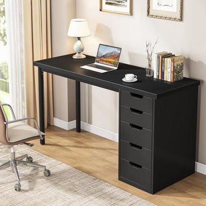 Tribesigns Computer Desk with 5 Drawers, 47 inches Rustic Brown Home Office Desk with Storage, Modern Simple Laptop Desk Study Writing Table for Small Spaces (1, Black) - color: Black