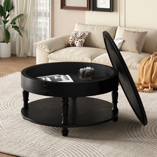 TIANG Flip-Top Round Coffee Table with Tool-Free Assembly in Solid Wood | 31.5"Mid Century Modern End Table Bedroom, Adjustable Silent Footpads,Sturdy Holds up to 100 lbs,Classic 2-Tier Design - color: Black