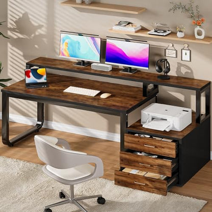MaverickFurni 67'' Computer Desk with 3 Drawers and LED Lights, Black | Home Office Desk with Printer Shelf and Monitor Stand, Gaming Desk with LED Lights, Black - color: Black and Walnut