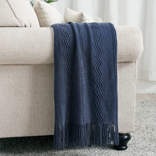 BOURINA Navy Throw Blanket 50x60 Inch Boho Knitted Soft Throw Sofa Blanket | Knitted Throw Blanket 50x60 Inches, Soft Lightweight Boho Weave Throw Decorative Couch Blanket for Living Room Bedroom Chair - color: Navy, size: 50"x60"