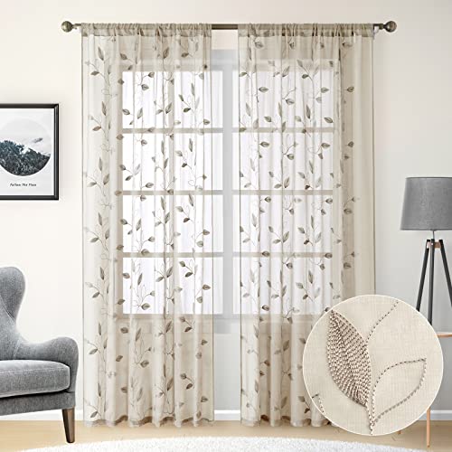HOMEIDEAS Taupe Sheer Curtains Leaf Embroidered, 52x84 Inch, 2 Panels | Faux Linen,Light Filtering,Semi Sheer Voile,Floral Pattern,Rod Pocket,Window Curtain Drapes for Bedroom Living Room - color: 2-taupe/Beige, size: 52"W x 84"L (Pack of 2)