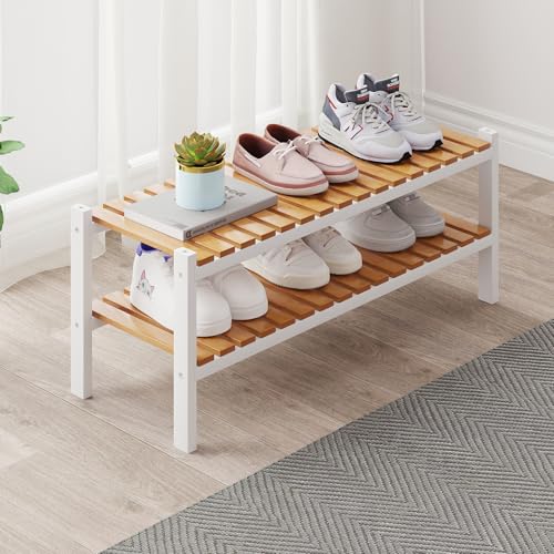 Bamboo Shoe Rack Organizer for Closet and Entryway-Space-Saving Narrow Shoe Stand-Versatile Shoe Holder for Door or Closet Shelf,Garage Bedroom can Freely Stack DIY Small Shoe Racks 2Tier Mixed color - color: White+natural Color, size: 2-Tier