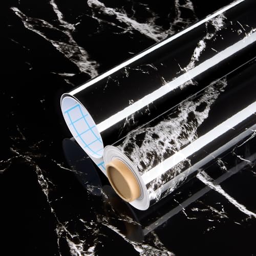 Glossy Marble Contact Paper Peel and Stick Wallpaper 17.7"x394" Black | Removable Waterproof Vinyl Wall Paper for Countertops Kitchen Cabinets Backsplash Furniture - color: Black, size: 17.7"W x 394"L