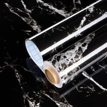 Glossy Marble Contact Paper Peel and Stick Wallpaper 17.7"x394" Black | Removable Waterproof Vinyl Wall Paper for Countertops Kitchen Cabinets Backsplash Furniture - color: Black, size: 17.7"W x 394"L