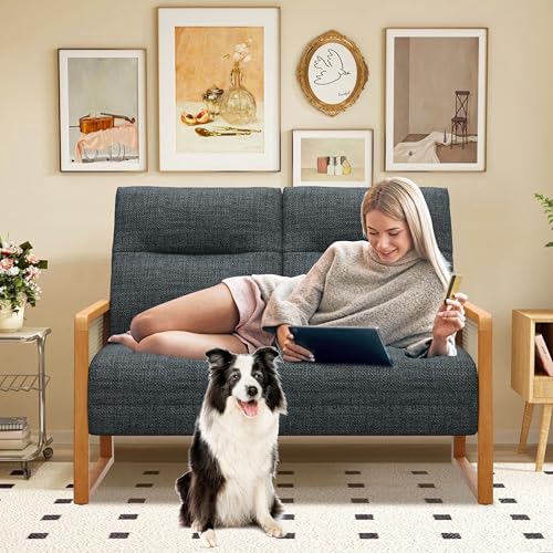 Alunaune Modern Loveseat Bench Couch with Natural Rattan Arm, Upholstered Linen Small Love Seat Sofa 2-Seats Living Room Couch Settee, Comfy Lounge Recliner Chair-Grey - color: Grey