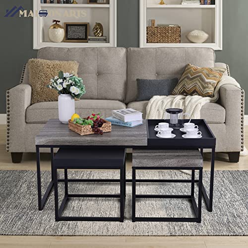 MAISON ARTS Nesting Coffee Table Set of 3, Wood-Like and Black | Rectangle Center Table, Morden Living Room Coffee Table and End Table Sets for Home Indoor Use - color: Wood-like&black