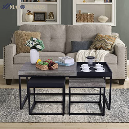 MAISON ARTS Nesting Coffee Table Set of 3, Wood-Like and Black | Rectangle Center Table, Morden Living Room Coffee Table and End Table Sets for Home Indoor Use - color: Wood-like&black