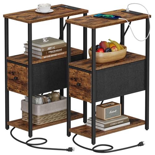 TUTOTAK Small Narrow End Table with Charging Station, Set of 2 | Side Table with Outlets, Nightstand with Cloth Drawer, Couch Table for Living Room, Bedroom, Bedside, Brown TB01BB058 - color: Brown, style: 1 Drawer & Plug