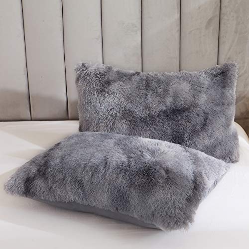 Tie Dye Printed Faux Fur Bedding Set Modern Abstract Shaggy Plush Duvet Cover with Pillow Shams, Ultra Soft Warm (Queen, Tie Dye Gray) - color: Tie Dye Gray, size: Queen