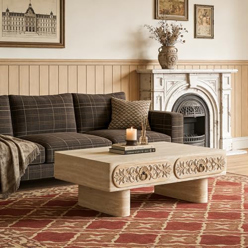 39.4" Rounded Edge Coffee Table with Flower Pattern Solid Wood Drawer for Living Room, Rectangular MDF Wooden Center Table Tea Table for Apartment, Beige - color: 39.4" Rounded Edge Coffee Table With Flower Pattern,beige