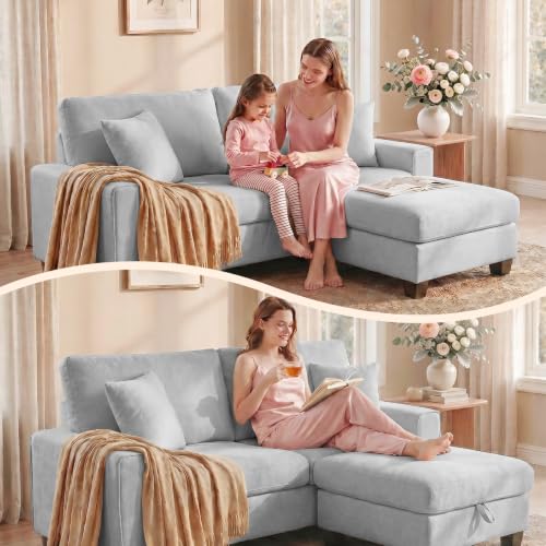 DOPEDIO 71.25" L-Shaped Sectional Sofa with Storage Ottoman, Light Gray | L-shaped sectional sofa with storage ottoman, chenille fabric, washable covers, pocket spring cushions, easy assembly - size: 71.25 inch-L, style: Light Grey Chenille