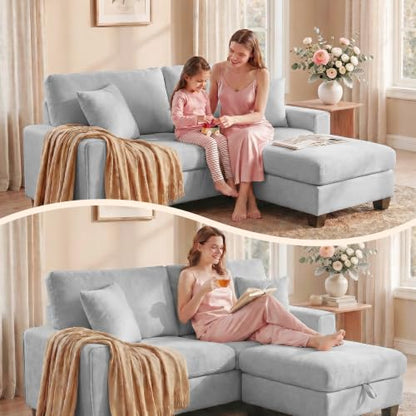 DOPEDIO 71.25" L-Shaped Sectional Sofa with Storage Ottoman, Light Gray | L-shaped sectional sofa with storage ottoman, chenille fabric, washable covers, pocket spring cushions, easy assembly - size: 71.25 inch-L, style: Light Grey Chenille