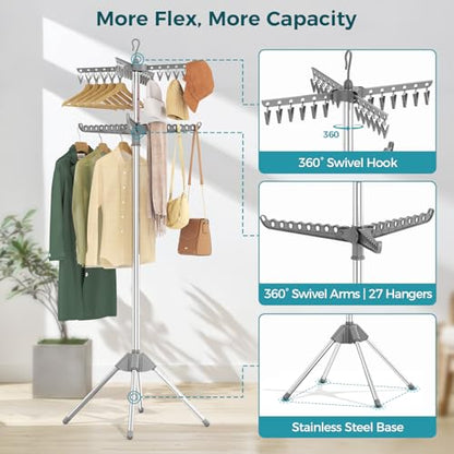 KINGBOARD 2-Tier Clothes Drying Rack, 72" H Drying Rack, 7 Rotatable Arms | 360° Rotatable Arms, 27 Hanger Holes, 24 Clips, Stainless Steel, Tool-Free Setup, Portable for Travel & Home, 30lbs Hold - size: 2 Tier
