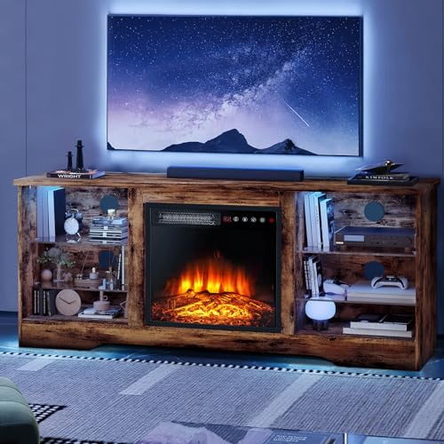 Fireplace TV Stand for up to 65 Inch TVs, Space-Saving LED Modern Entertainment Center for Small Apartments with Built-in 18" Electric Fireplace Heater & Adjustable Glass Shelves, Brown - color: Brown, size: 58"