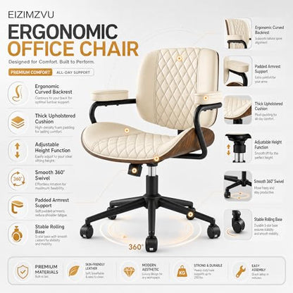 Home Office Desk Chair with Wheels, Armless Adjustable Height PU Leather Office Chair, Mid Back Ergonomic Computer Chair, Walnut Curved Seat Design No-Arm Chair (GX-9006-Armrests-White) - color: Gx-9006-armrests-white