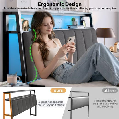 FreeHouse King Size Bed Frame with Storage Headboard & 3 Drawers, Grey | Upholstered King Bed Frame with Charging Station & LED Lights,Fabric Drawers, Metal Slats, No Box Spring Needed Noise-Free - color: Grey, size: King