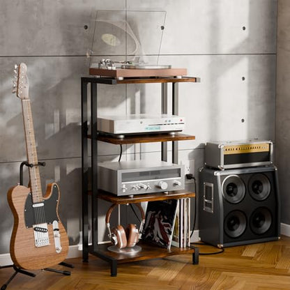 X-cosrack 16.5" Small 4-Tier AV Media Stand with Power Strips,Narrow Version Wooden Corner TV Stand Shelf with LED Lights,Stereo Cabinet Audio Rack Stand Tower for Small Media Players and Boxes - style: Outlet and Light