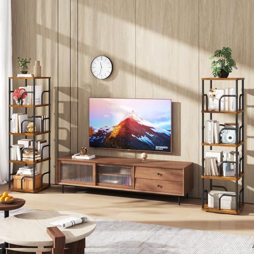 IBUYKE 5 Tier Rotating Bookshelf,Square Bookcases,Brown TBC004H | 360°Spinning Bookcases Tower Freestanding Corner Bookshelf with Rails Industrial Bookcase Organizer for Bedroom Living Room - color: Rustic Brown, size: 5 Tier