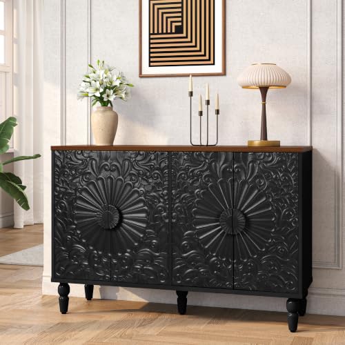 Sideboard Buffet Cabinet with 4 Carved Flower Doors, Black | Vintage Accent Cabinet with Storage, Decorative Wood Credenza for Living Room, Hallway, Dining Room, Kitchen - color: Black