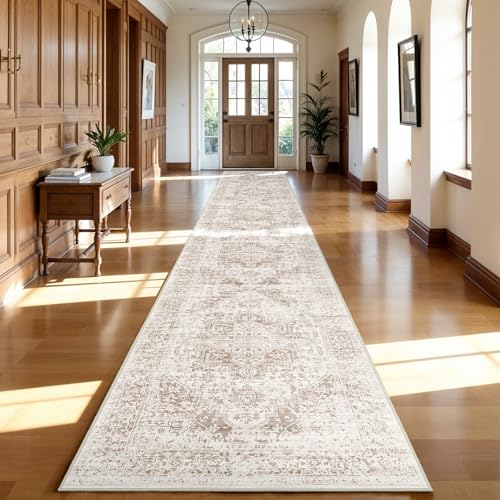 3x20 Washable Runner Rug: Vintage Non Slip Long Hallway Rugs IvoryBeige | Stain Resistant Easy Care Thin Rug Versatile Home Decor Ideal for Entryway Kitchen Living Room & Daily Indoor Walkway Use - color: Ivory/Beige, size: 3x20
