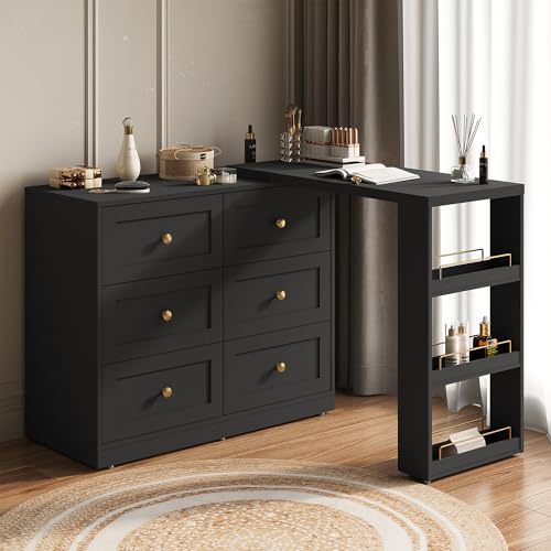 RoyalCraft Vanity Desk and Dresser Combo, 67" Extendable Big Makeup Vainty with 6 Drawer Dresser and 3 Side Shelves, Wood Corner Vanity for Bedroom, Dressing Table for Women Girlfriend, Black