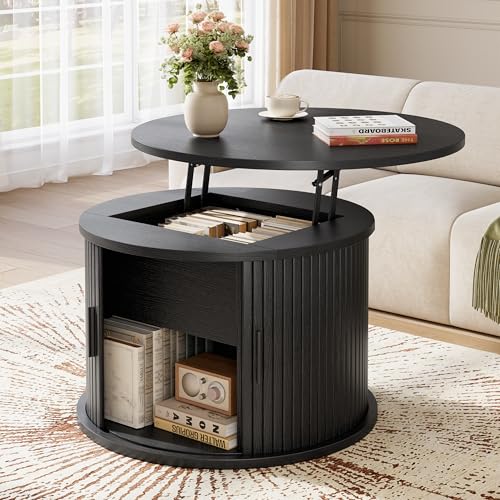 Round Lift Top Coffee Table, 23.6" Fluted Drum Coffee Table with Large Hidden Storage for Living Room, Center Table with Sliding Rolling Door for Small Spaces, Apartment, Home Office, Black - color: Black