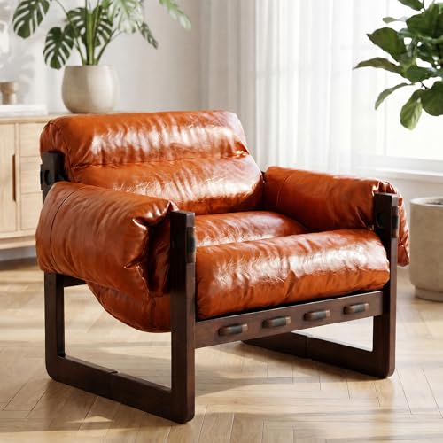 Mid Century Accent Chair, Upholstered Armchair for Living Room (PU-Orange) - color: Pu-orange